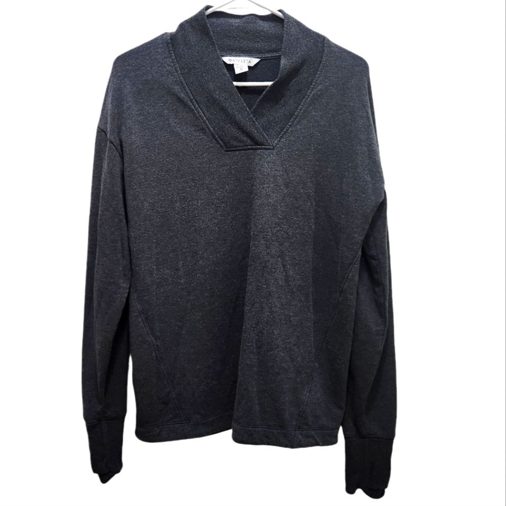Athleta Clarity V-Neck Sweatshirt Heathered Dark Gray/Black Thumb Holes Soft XS